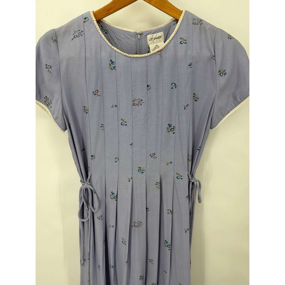 Vtg Liz Baker Floral Maxi Dress Blue Pintuck Lace Trim 4P Cottagecore Prairie